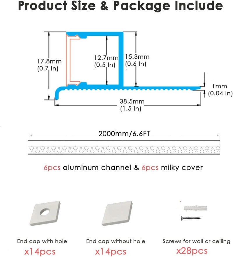Besseto Plaster-in LED Channel 6 Pack 6.6FT/2 Meter Trim Edge LED Strip Aluminum Channel,Trimless Recessed Drywall Aluminum LED Profile for Wall and Ceiling - Image 2